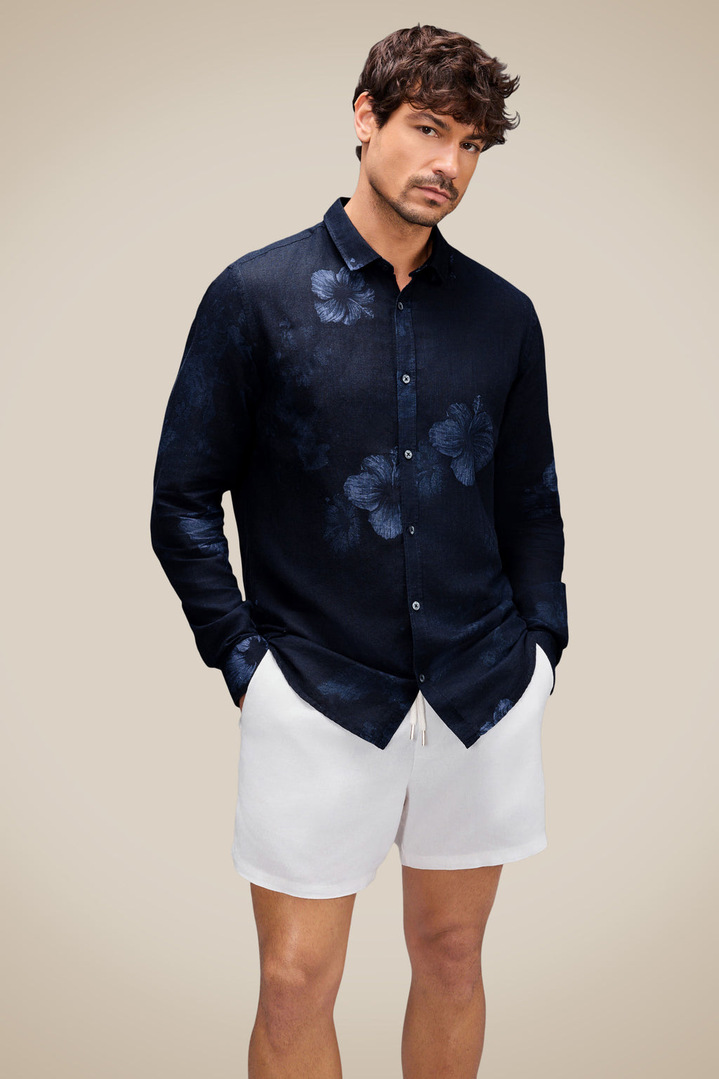 Reserva Indigo Bloom Long Sleeve Linen Shirt Navy