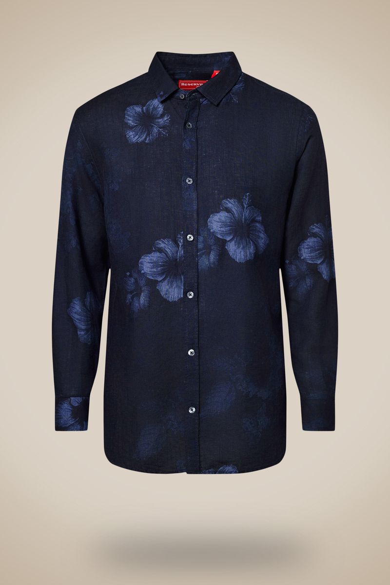 Reserva Indigo Bloom Long Sleeve Linen Shirt Navy