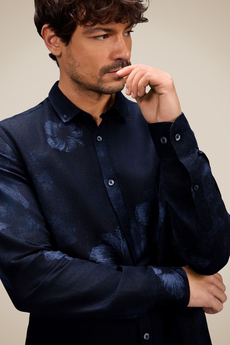 Reserva Indigo Bloom Long Sleeve Linen Shirt Navy
