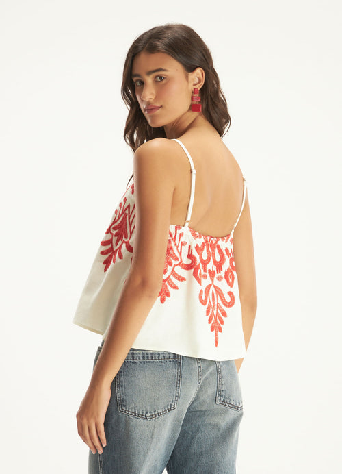 Cantão Folk Embroidery Square Neck Blouse Viscose Linen