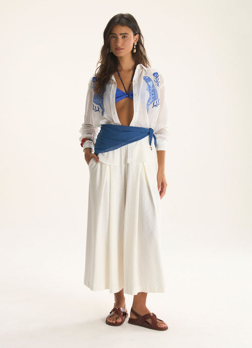 Cantão Corsário Crepe Flame Pants Off White Elastic Waist