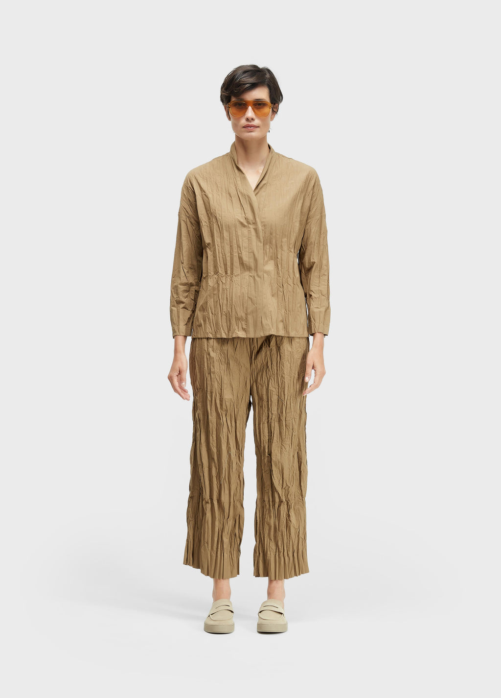Osklen Tricoline Wrinkled Cropped Wide-Leg Pants Brown