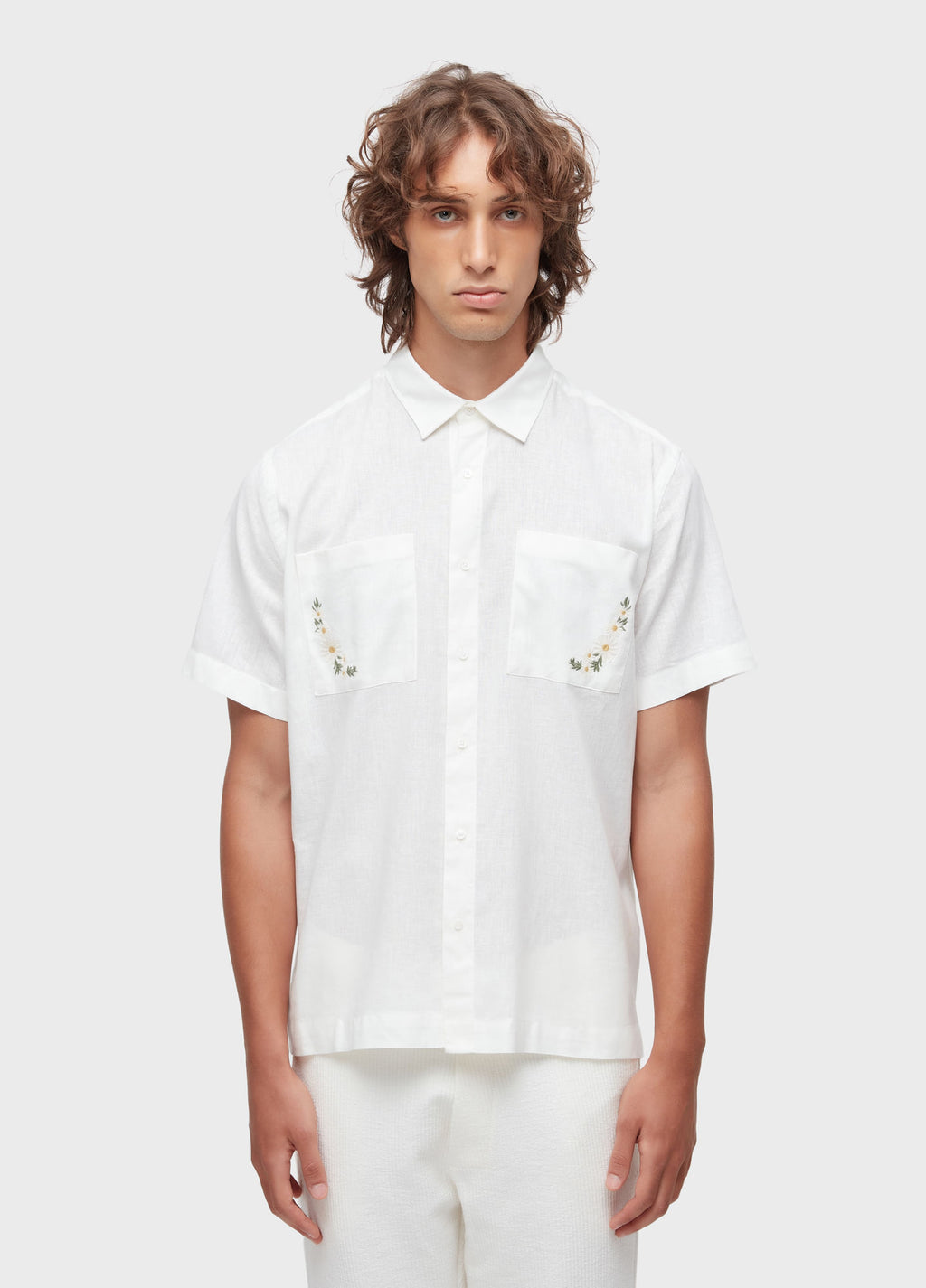 Osklen Linen Daisy Light Embroidered Short Sleeve Shirt Off White